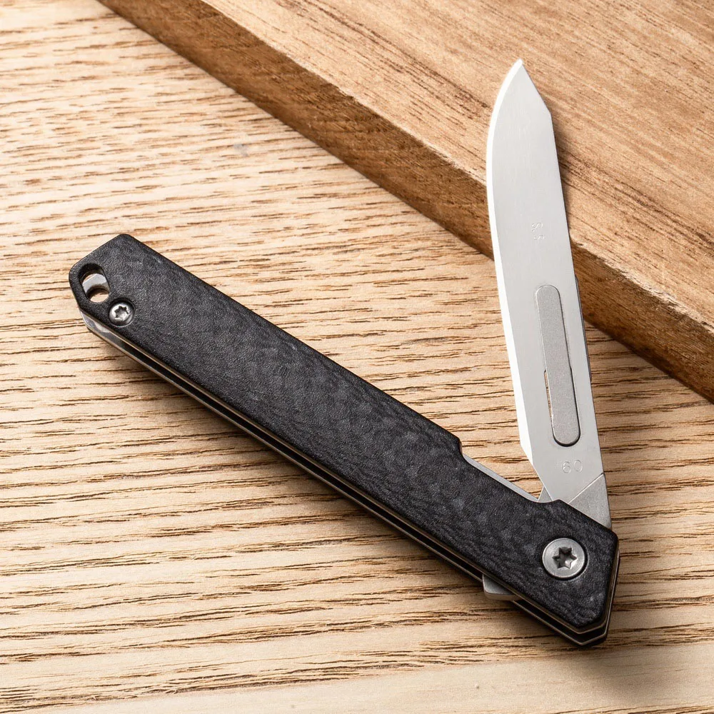 Small Folding Scalpel Knife EDC Carbon Fibre Handle Utility Knives With Clip Compact Keychain Boxcutter With Replaceable Blades