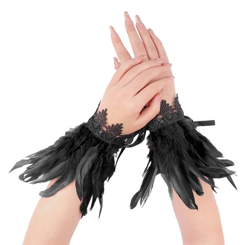 

Punk Gothic Gloves Feather Wrist Cuff Stage Show Showgirl Natural Dyed Rooster Feather Arm Warmer Party Cosplay Costume