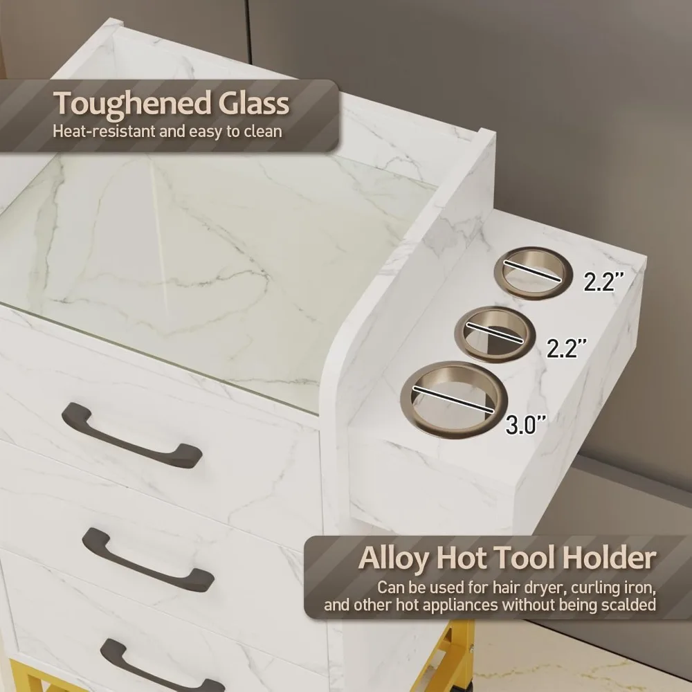 عربة تخزين الصالونات، محطة حلاقة دوارة مع سطح زجاجي مقوى، أدراج، حاملات مجفف الشعر، رف المناشف، عجلة قابلة للتحديد #2