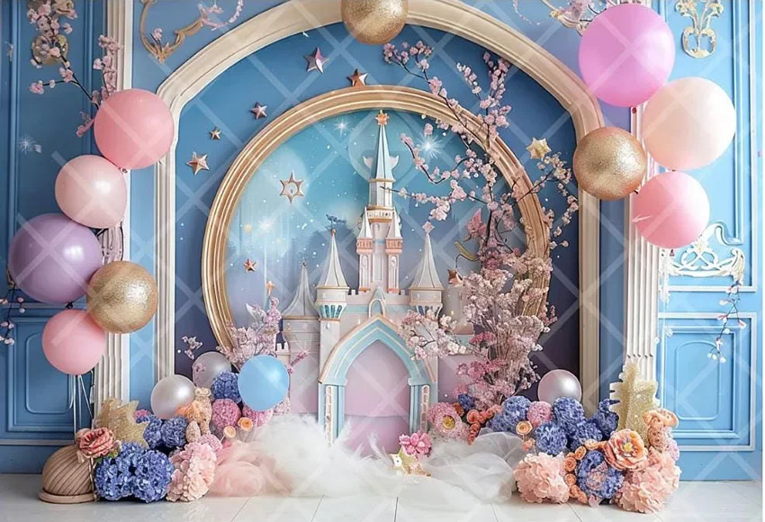 Mehofond Photography Background Fairytale Castle Flowers Balloon Girls Birthday Cake Smash Portrait Decor Backdrop Photo Studio
