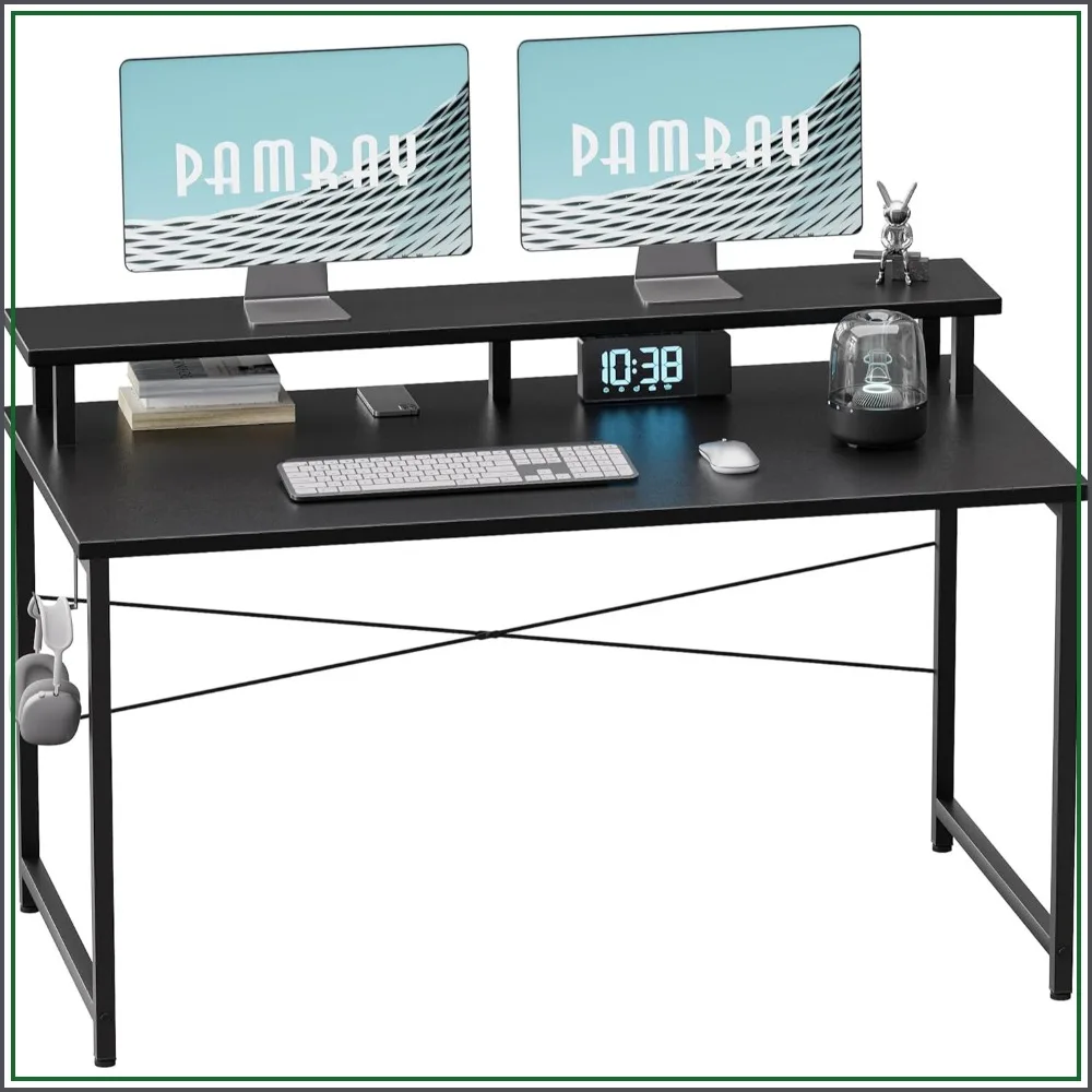 

47 Inch Small Computer Desk with Monitor Stand, Simple Office Desk with Headphone Hook for Small Spaces, Study Writing Table for Bedroom