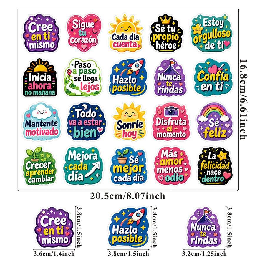 100 Pcs Spanish Motivational Stickers, Inspirational Quote Labels, Positive Affirmation Decals for Journals, Scrapbooking