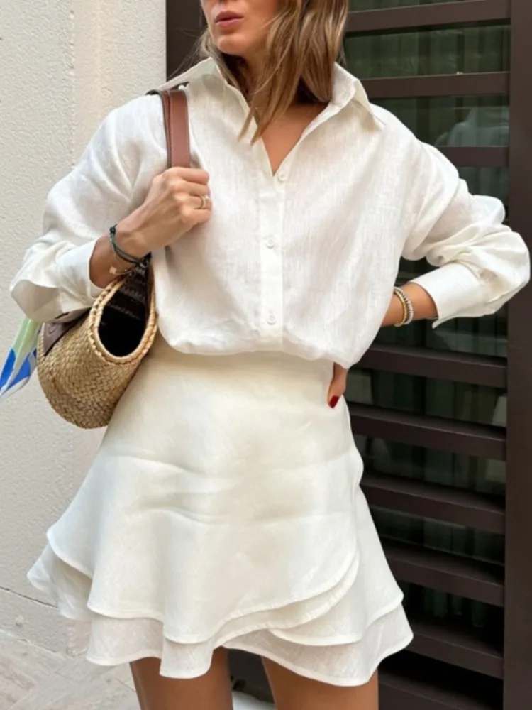 

Fashion Loose Cotton Skirts Set Woman 2025 New Summer Chic Elegant Suits Long Sleeved Pocket Shirt+High Waist Mini Skirt Sets