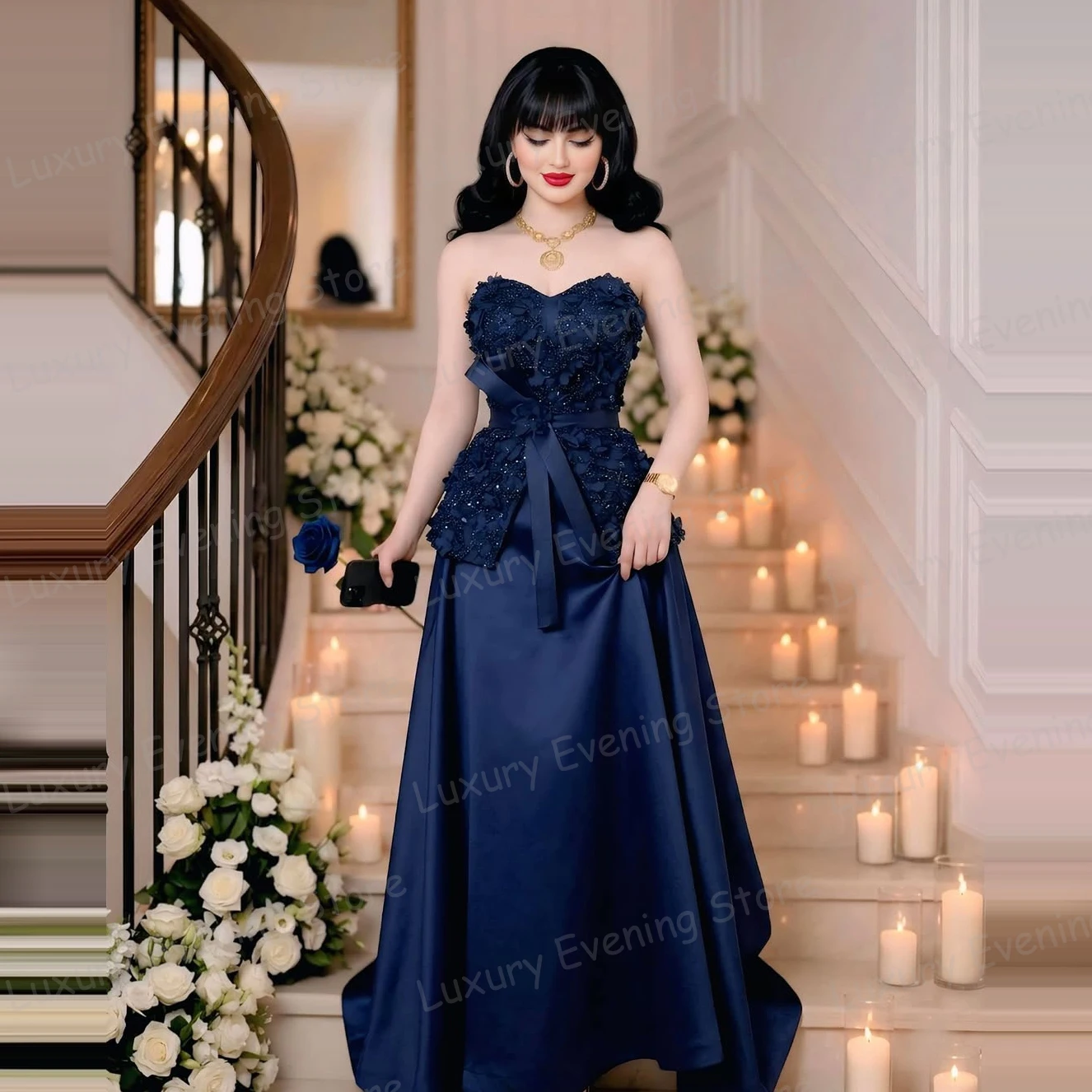 Elegant Blue A Line Evening Dresses Women's Sweetheart Prom Gowns Formal Sleeveless Customized Beach Party Vestidos De Noche