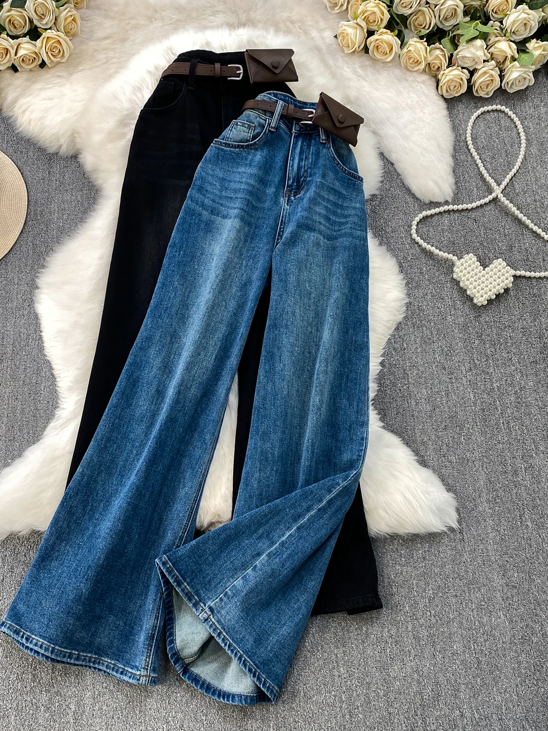 

Широкие джинсы с высокой талией в стиле ретро, женские осенне-зимние прямые длинные брюки с поясом, эффект похудения