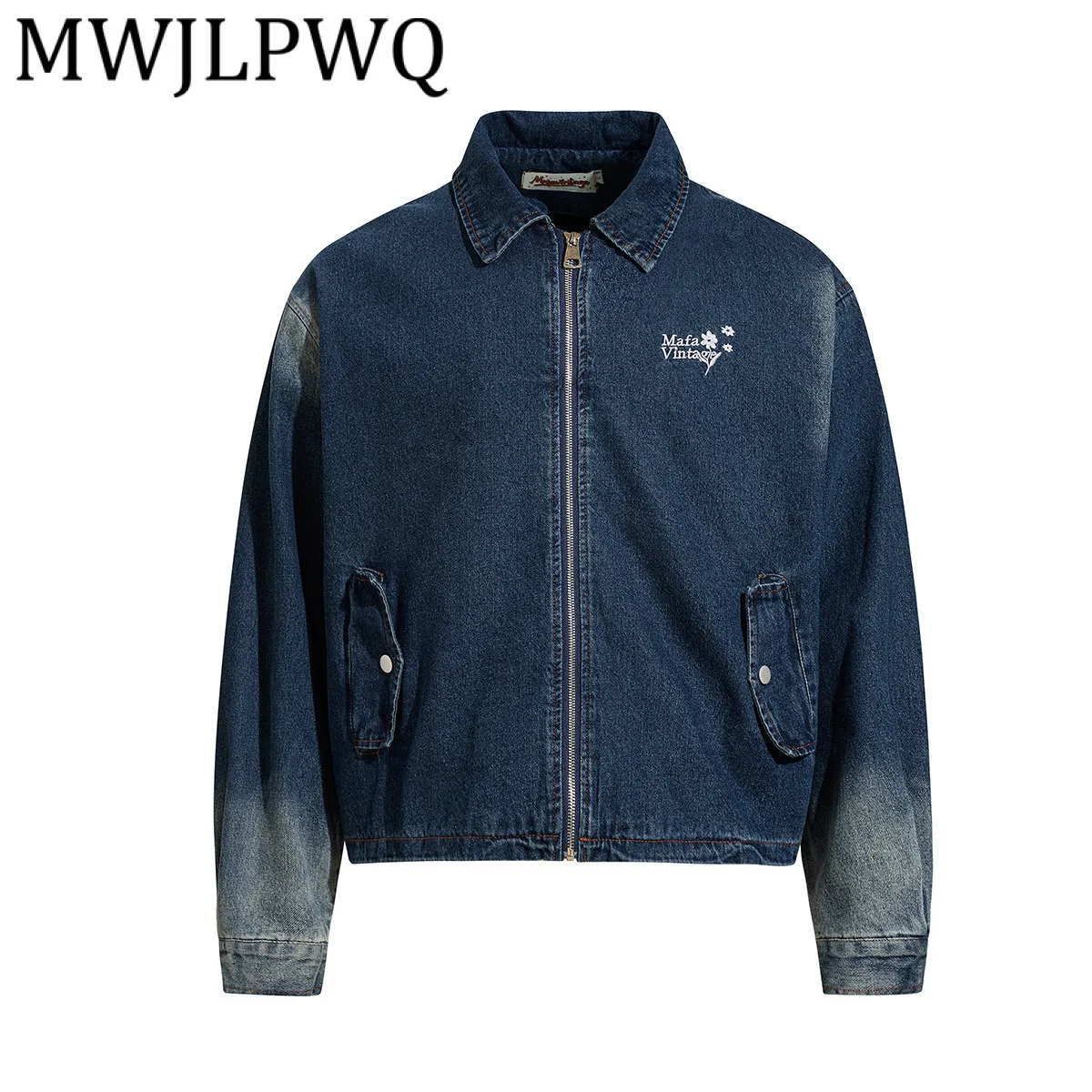 

MWJLPWQ модная джинсовая куртка в американском стиле с лацканами, мужская рабочая одежда с длинными рукавами и буквенным дизайном, повседневный топ, новинка осени 2024, 21333