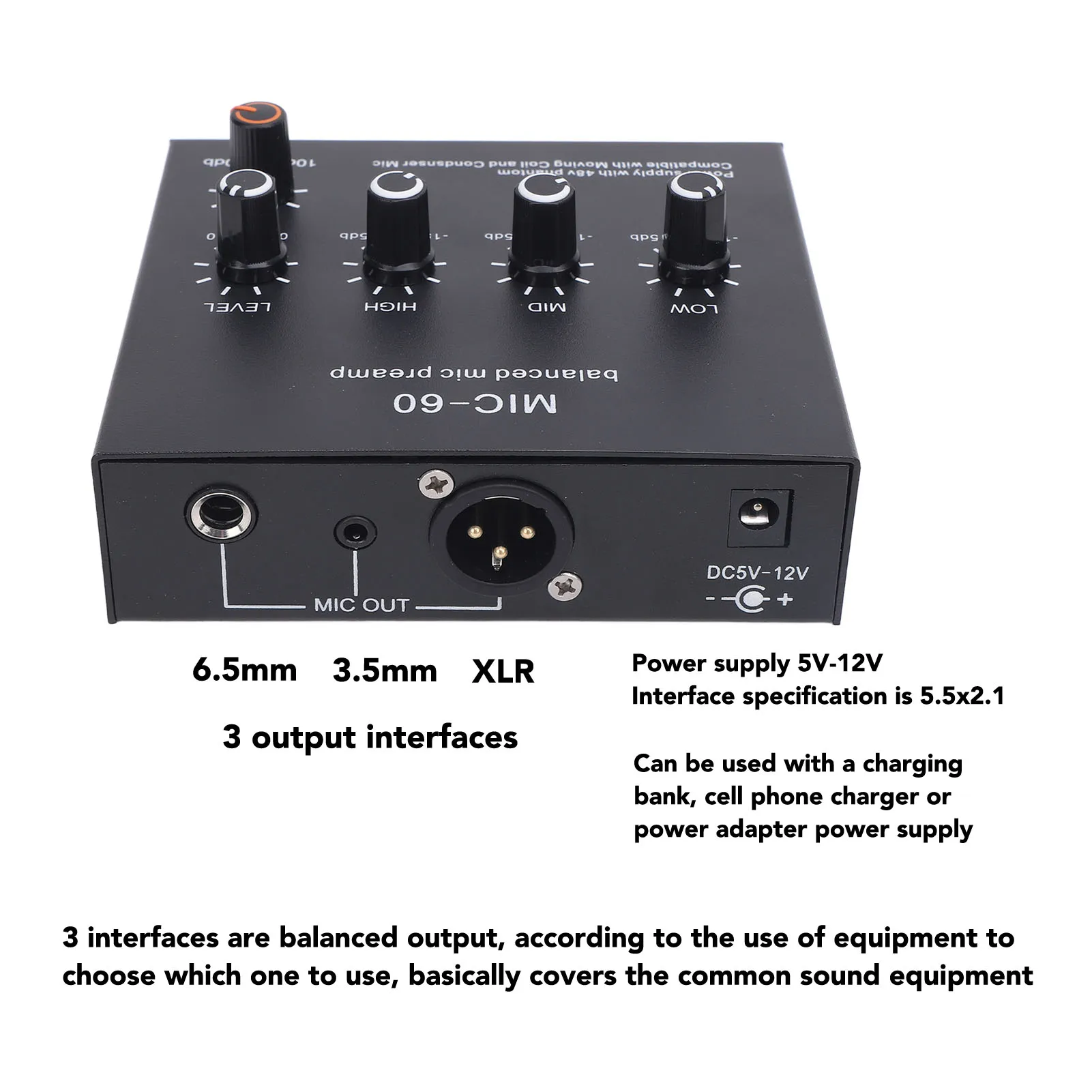 Microphones Booster Aluminum Alloy 48V Power Balanced Microphone Preamp Enhance Sound Quality for Dynamic and Condenser Mic