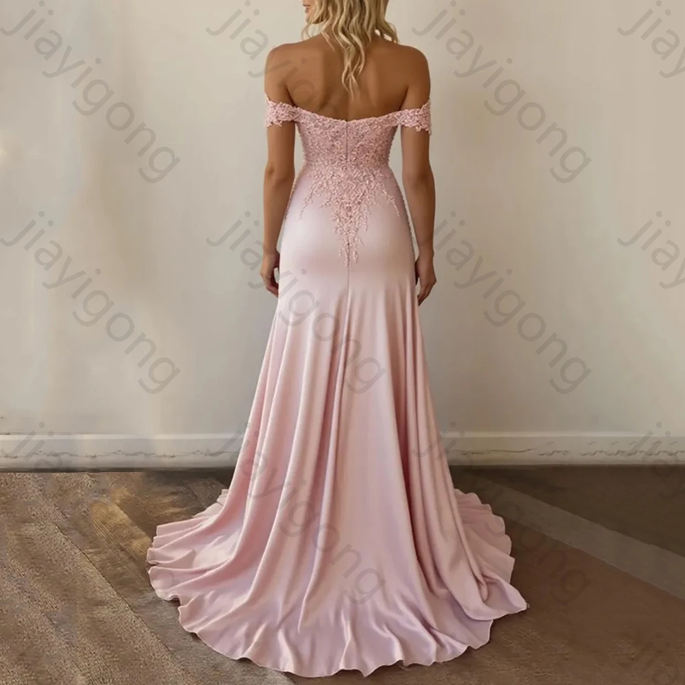 Una línea de satén fuera del hombro vestidos largos de fiesta de encaje exquisitos vestidos de fiesta de noche sin espalda de alta calidad para mujeres personalizados