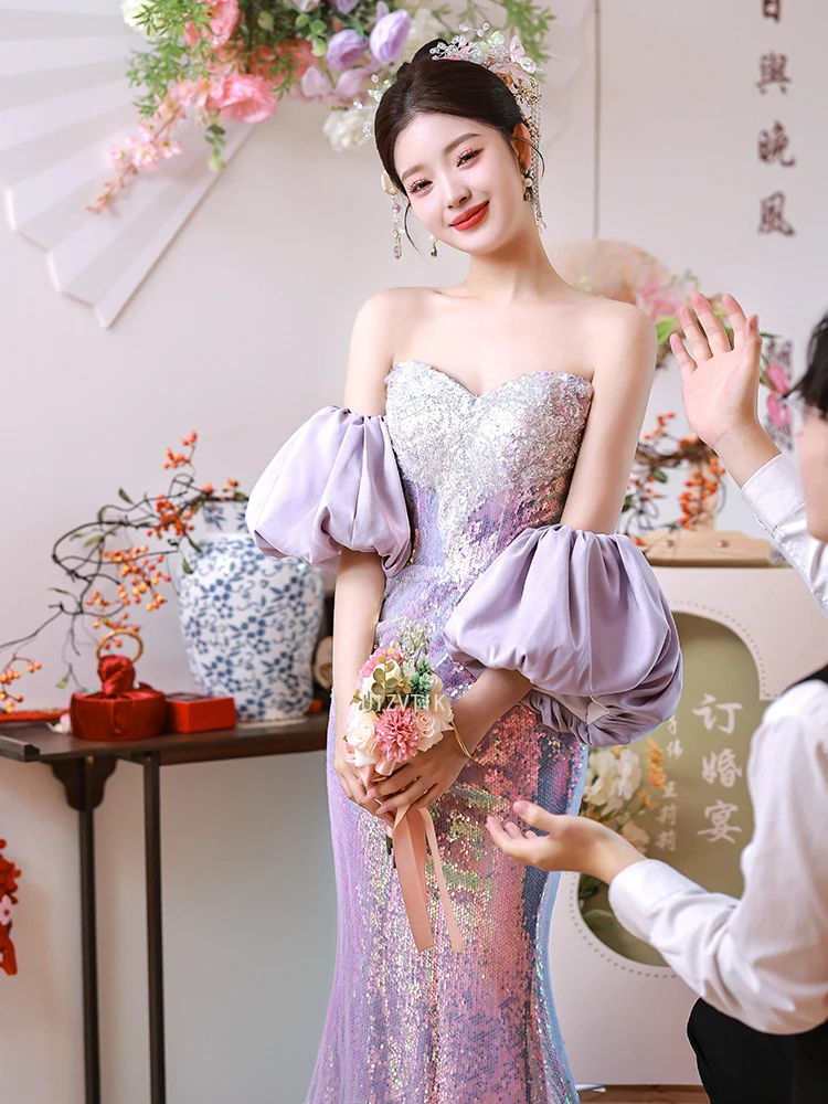 스팽글 인어 긴 이브닝 드레스 여성 우아한 오프 숄더 퍼프 슬리브 백리스 웨딩 파티 드레스 Vestidos De Noche