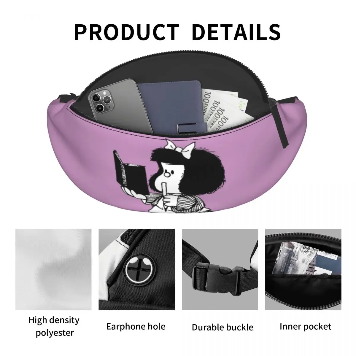 Casual Mafalda Fanny Pack com Notebook para Homens e Mulheres, Quino Comic Cartoon, Bolsa de cintura crossbody para correr, Bolsa de dinheiro para telefone