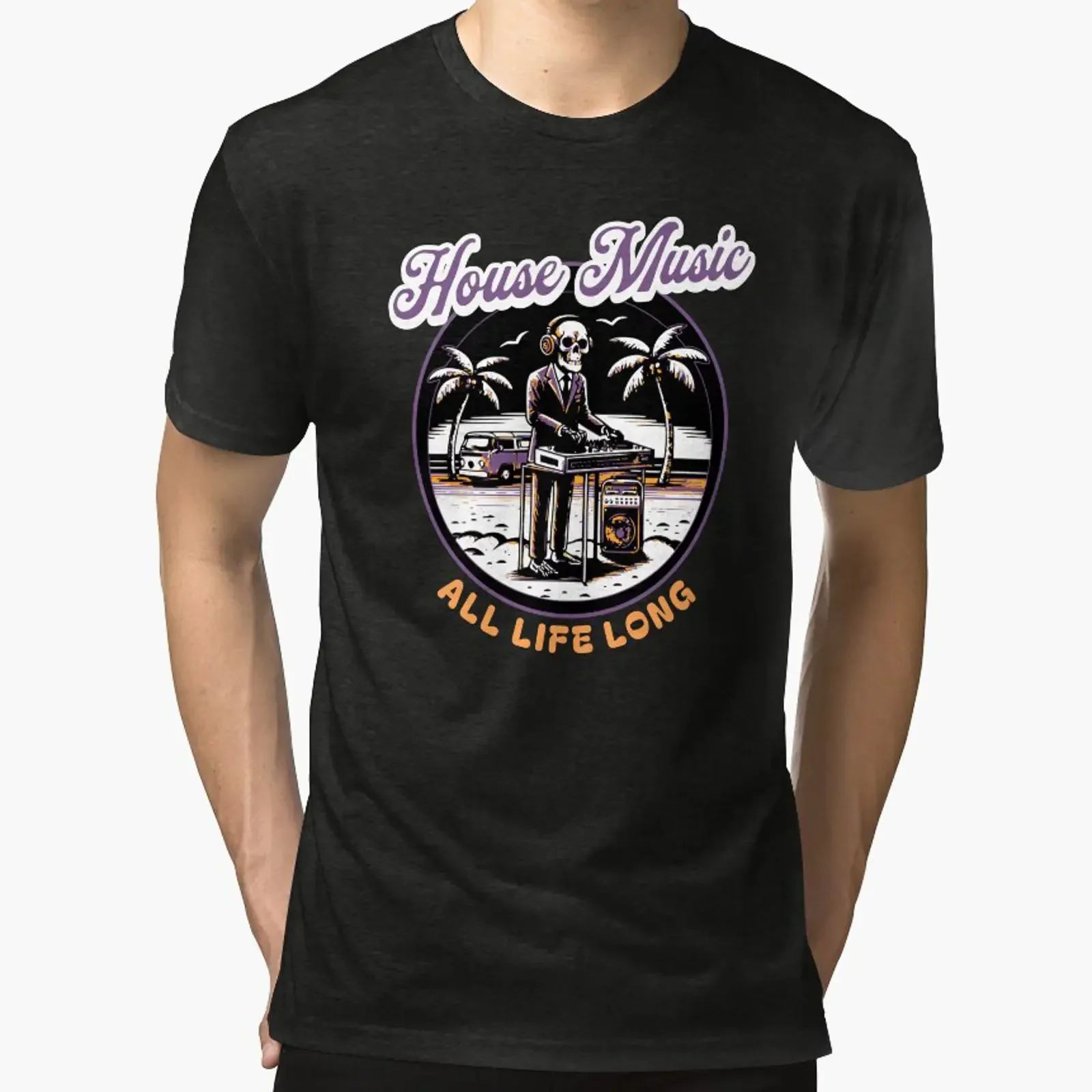 HOUSE MUSIC All Life Long Skeleton dj purple gold Tri blend T Shirt vintage Washed graphic homme Breathable designer clothes