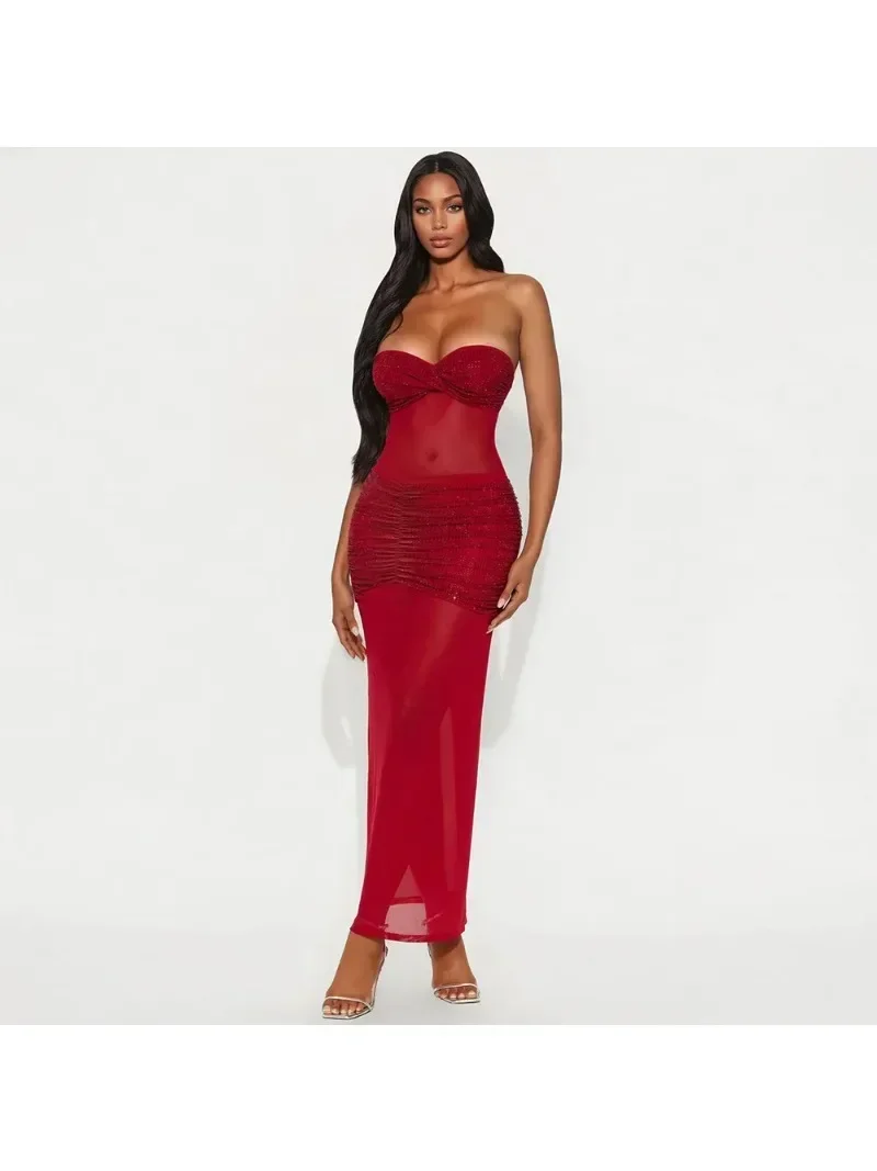 

Женское облегающее длинное платье миди макси со стразами и рюшами, 2021, сексуальные платья для отпуска, дня рождения