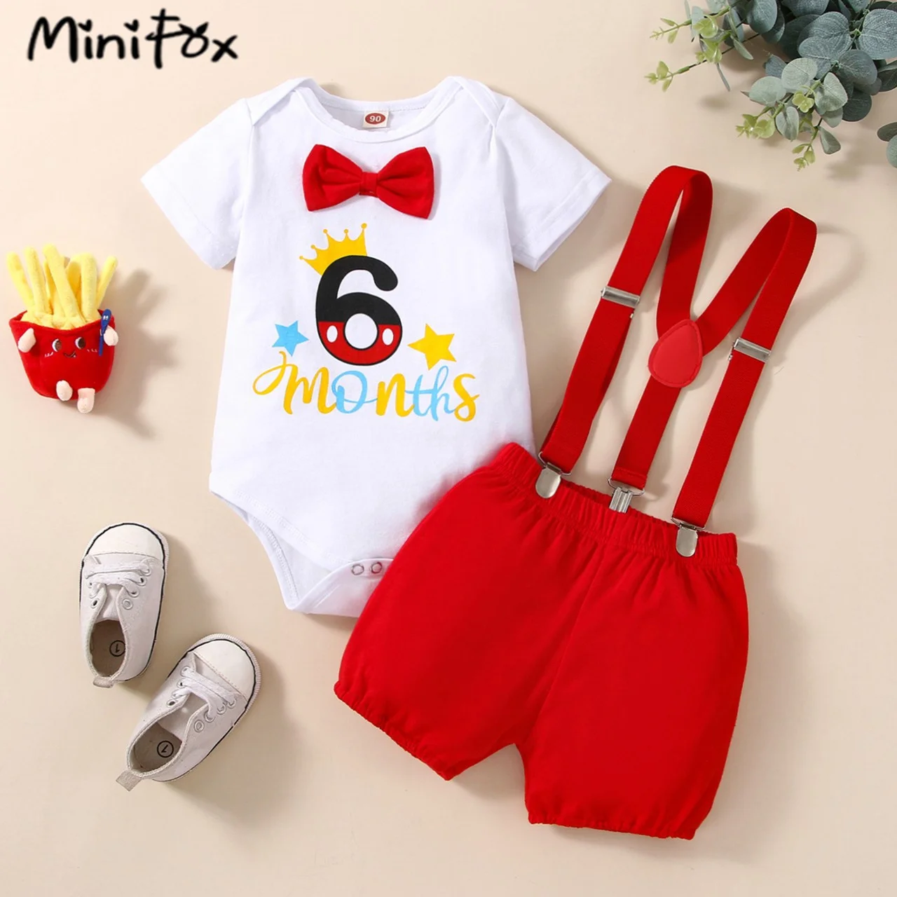 MiniFox Baby Boys Half Birthday Sets Red Bowtie Letter Bodysuit and Y-back Strap Red Shorts Cake Smash Outfits For 6 Months Baby