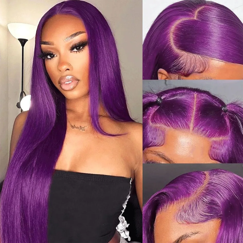 13x4 Dark Violet Straight Lace Front Wig 24 Inch Heat Resistant Synthetic Fiber Pre-Plucked Dark Purple Hairline Wig for Women