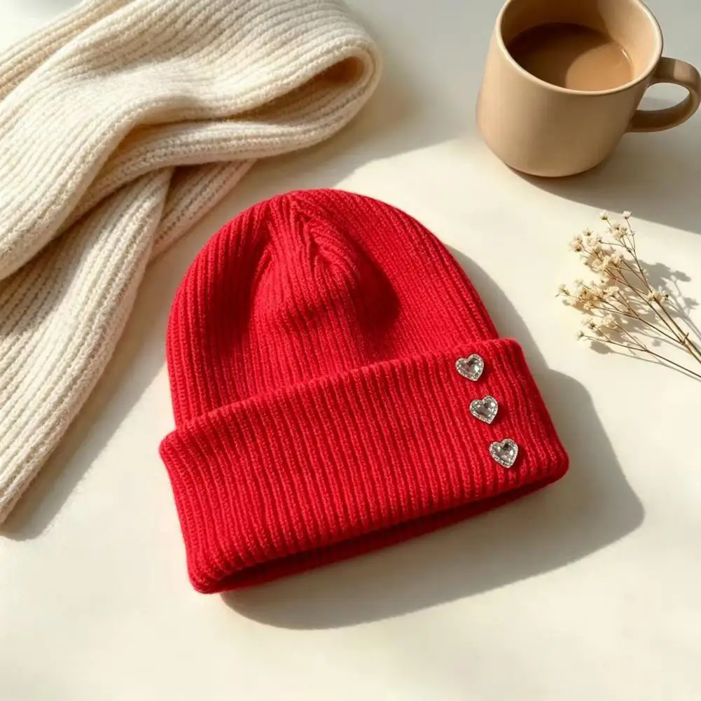 Winter Knitted Hat for Women Heart Rhinestone Knitted Hat Women Glitter Winter Warm Stretchy Knit Cap for Wear for Weather