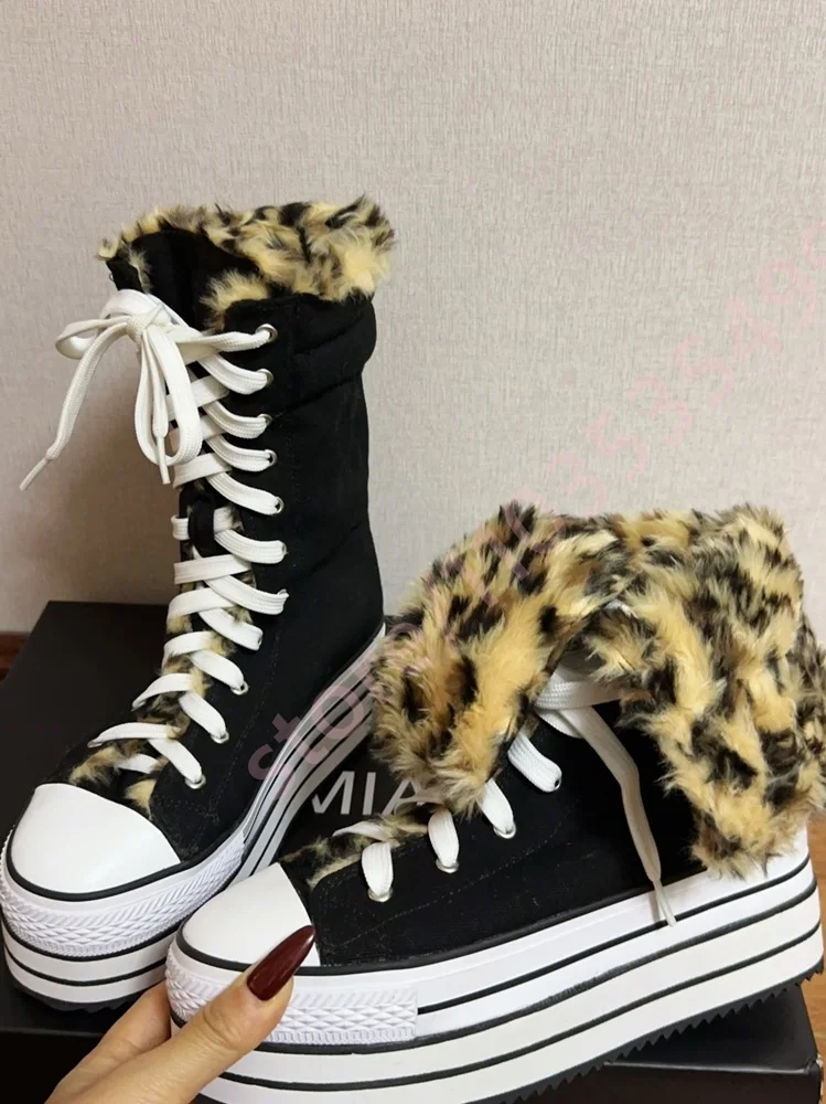 

Women's Platform Leopard Print Lace-Up Canvas Boots round Toe Casual Boot Autumn Fashion Street Style Short Boots for Party