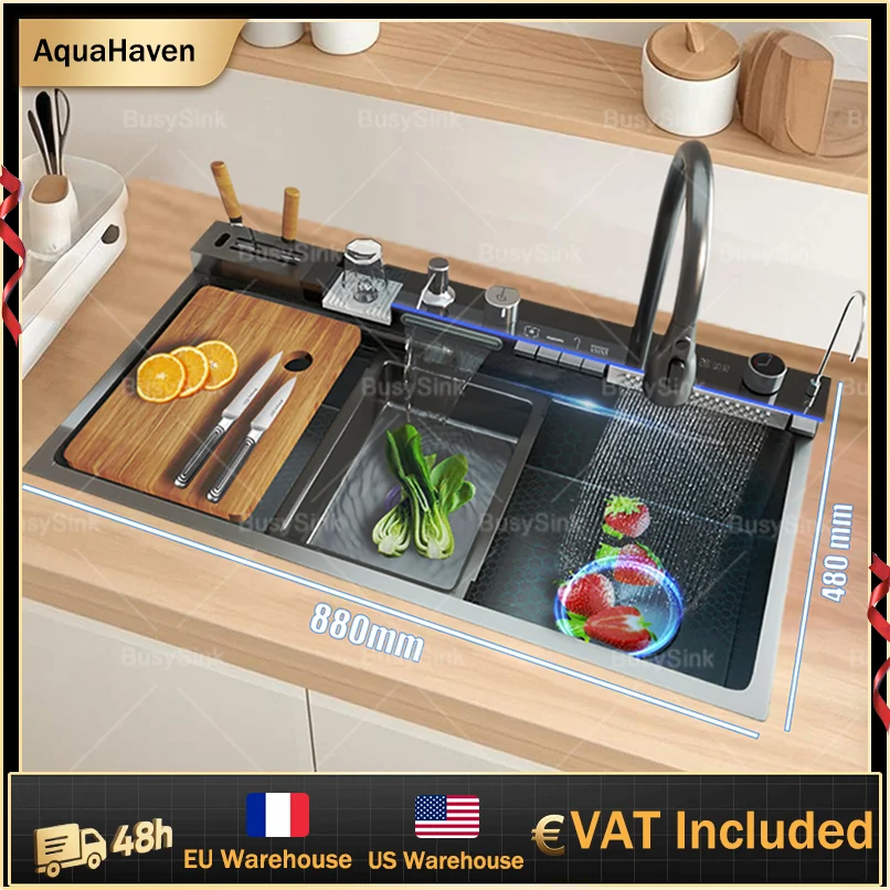 

Кухонная мойка с водопадом из нержавеющей стали, цифровой дисплей, большие раковины для мытья посуды с одним слотом, доставка на складе за границу