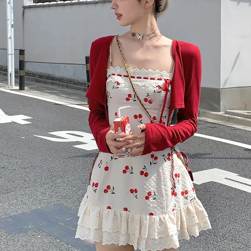 

2024 New Red Casual Crop Tops Cardigan Sweet Lace Y2k Mini Dress Party Sexy Strap Dress Korean Fashion Suit Woman Autumn Chic