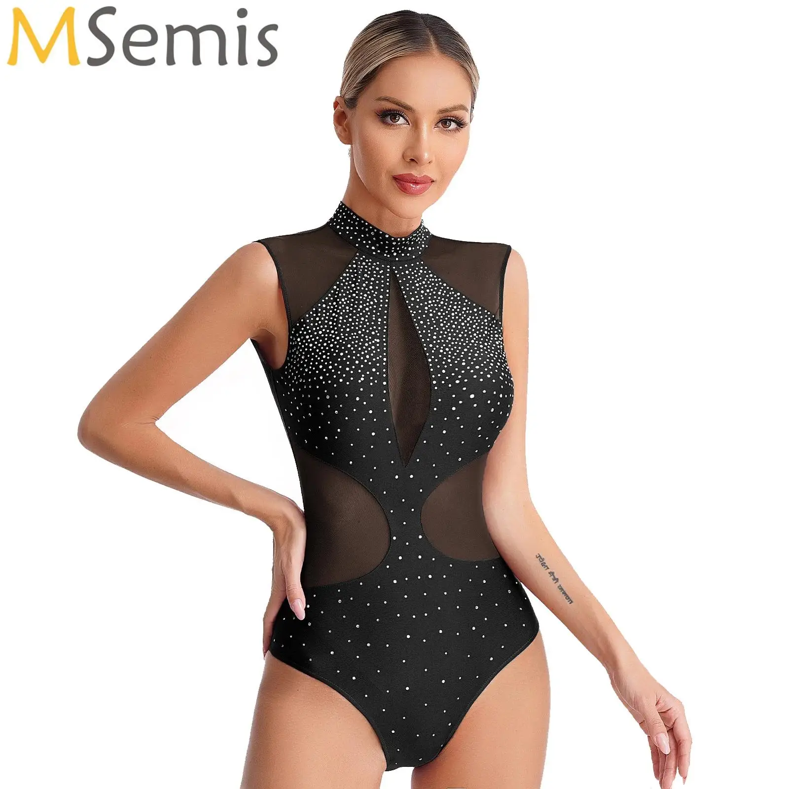 

Women Sparkly Rhinestones Figure Skating Leotard Sheer Mesh Cutout Back Bodysuit for Gymnastics Ballet Lyrical Dance Performance
