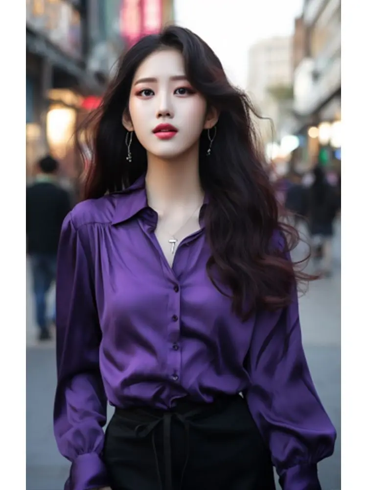 Purple Shirt Women\'s Spring And Autumn 2024 New Fashionable Pendant Lapel Long Sleeved Loose Top