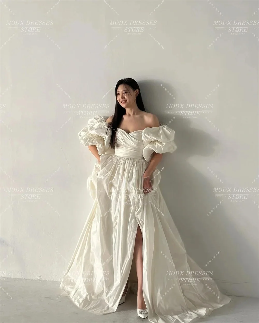 MODX 우아한 하이 슬릿 태피터 A라인 한국 웨딩드레스 오프숄더 신부 드레스 사진 촬영용 맞춤형 베스티도스 노비아스 B
