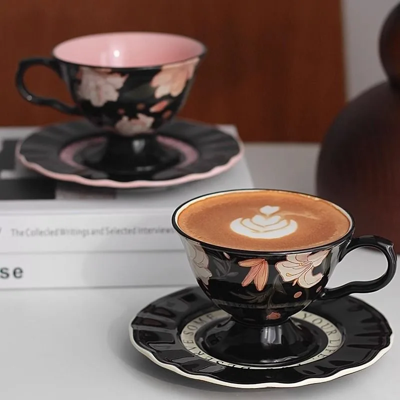 Vintage Floral Ceramic Coffee Cup Plate Set with Underglaze Color Craftsmanship Afternoon Tea Art Ornaments Birthday Souvenirs
