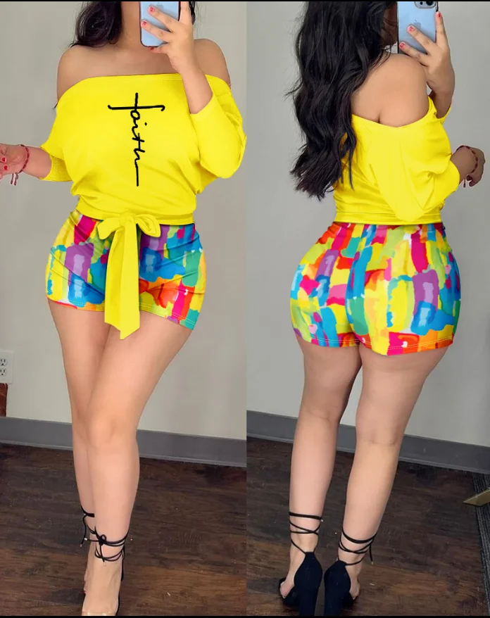 

Women's Fashion Bodysuit 2025 Spring Summer Latest Faith Print Off The Shoulder Colorblock Chic Tied Detail Rompers with Belt