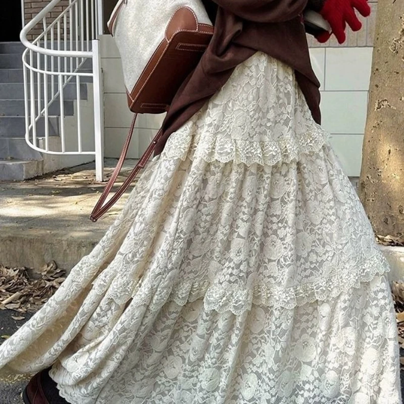 

New Chinese National Wind Lace Overskirt 2025 Spring and Summer High Waist Temperament Solid Color Women's Long Skirt