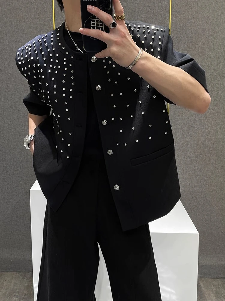 Men's 2025 Summer New Niche Design Diamond-encrusted Small Fragrant Chic Coats Male Fashion Short-sleeve Jackets Trendy Jacket