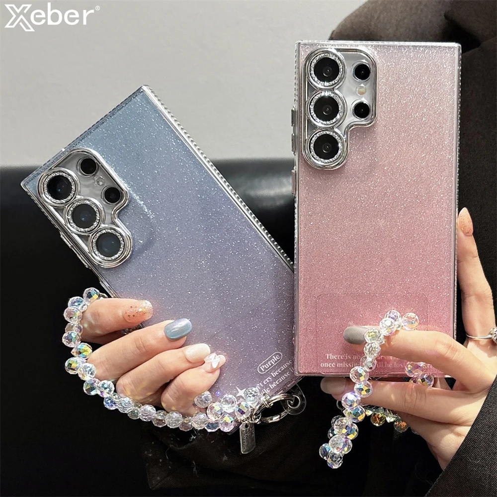 Luxury Crystal Bracelet Wrist Strap Bling Glitter Transparent Phone Case For Samsung Galaxy S24 Plus S23 FE S22 Ultra Hard Cover