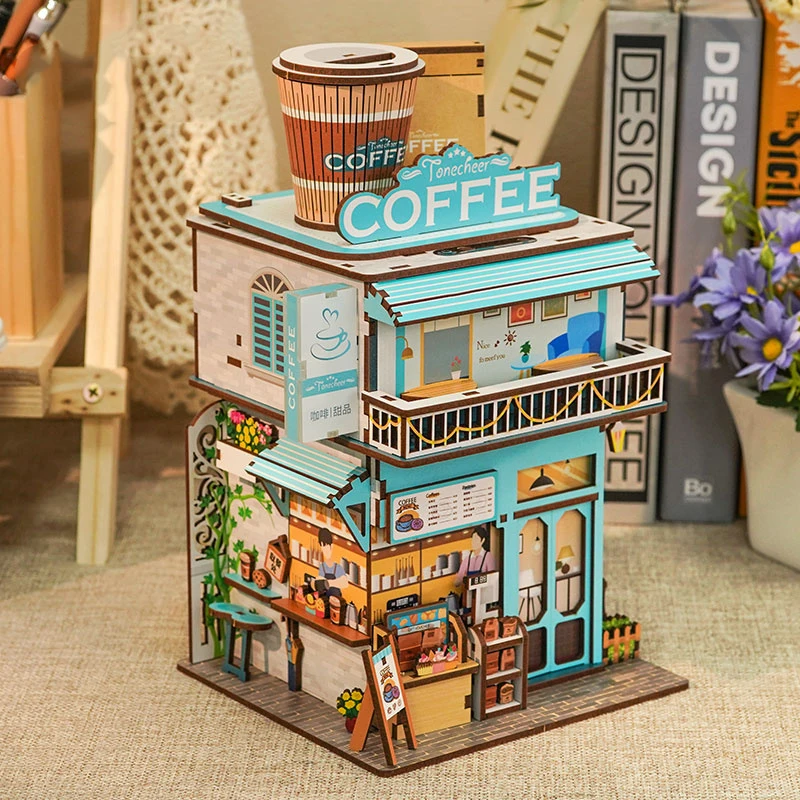 DIY Wooden Cape Cafe Store Miniature Building Kits City Street View 3D Assembled Dollhouse Desktop Storage Room Friends Gifts