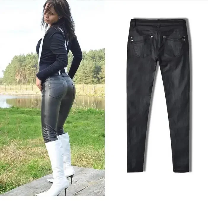 Women Autumn Sexy Low Waist PU Leather Black Skinny Motorcycle Pants