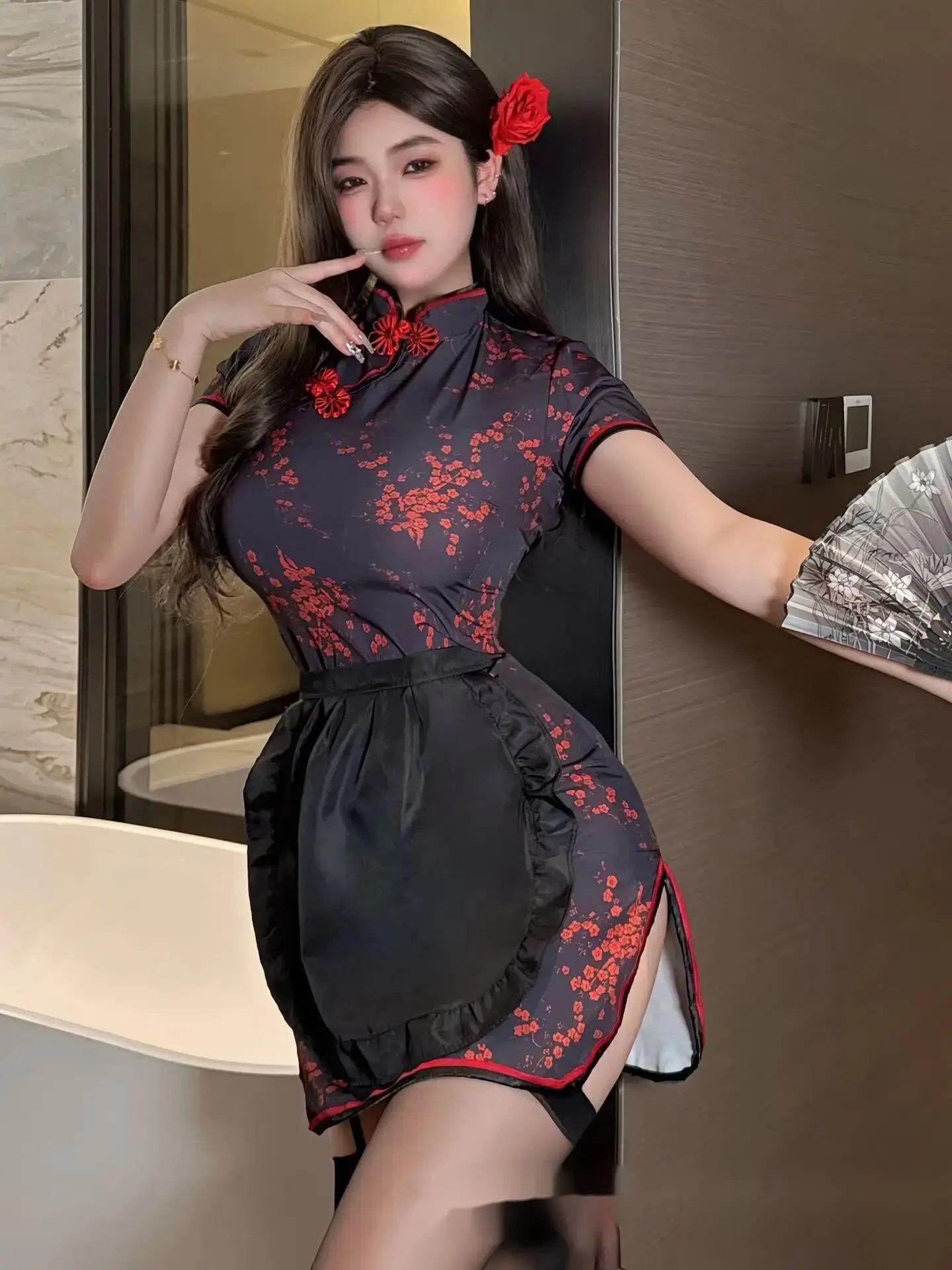 Female Sexy Chinese Cheongsam Embroidery Half High Collar Waist Bundling Appear Thin Tight Fitting Sweet Women's Dresses  EQMO