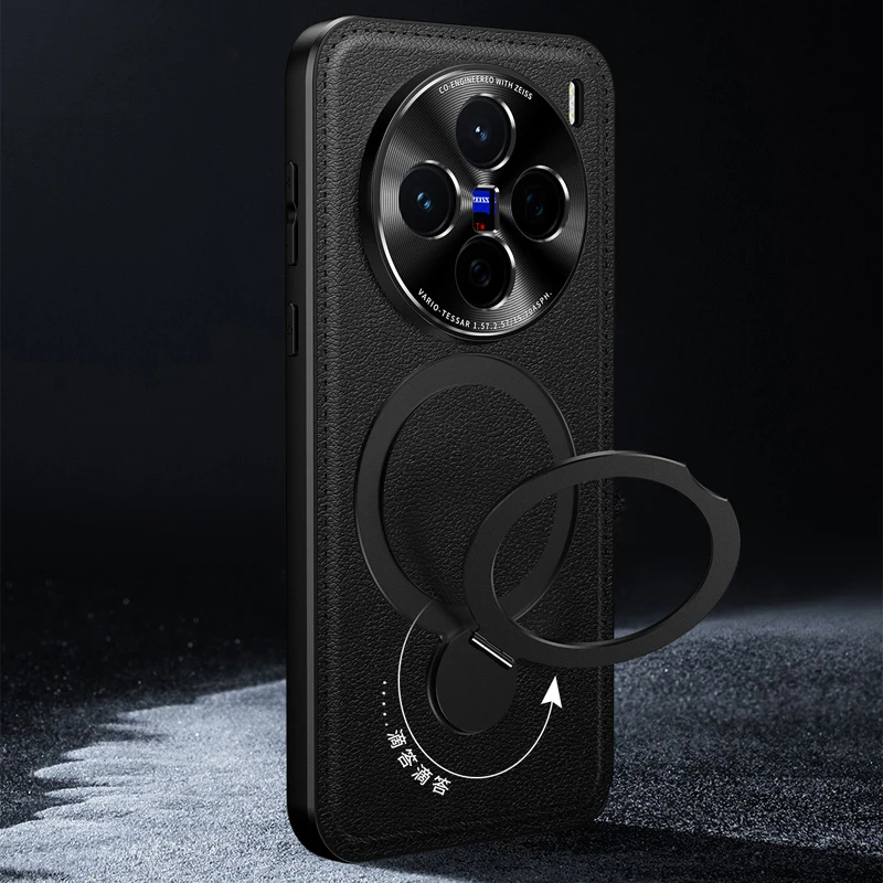 

Metal Holder Lens Protect Soft Phone Case For vivo X100 Ultra X300 Pro X200T Magnetic Wireless Charging Leather Back Cover Cases