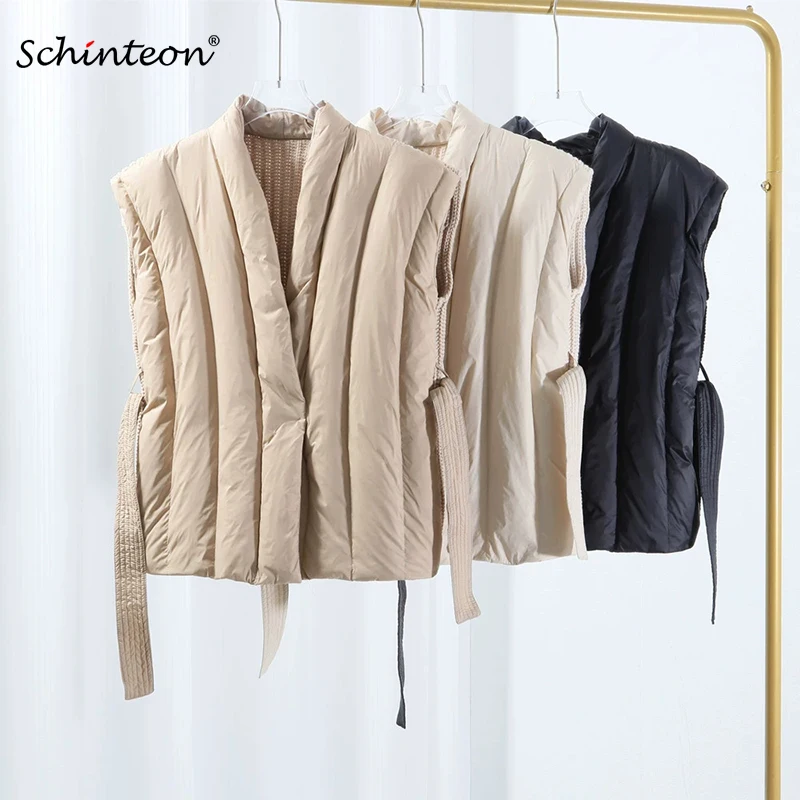 Schinteon feminino pato branco para baixo tricô lã colete outono inverno quente sem mangas jaqueta estilo coreano luxuoso topo 2025 novo
