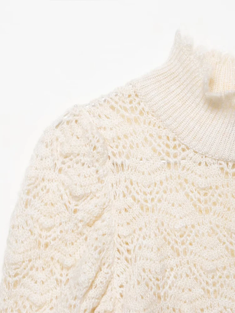 Estilo europeo y americano otoño nueva moda casual mujer delgado romántico acanalado burbuja manga corta suéter de cuello alto