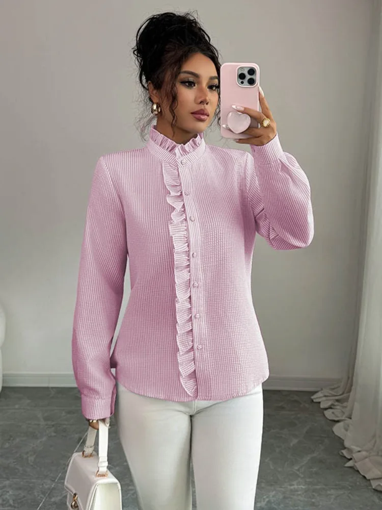 Uoozee femmes rayé col montant à volants Blouses à manches longues coupe ample bureau décontracté usage quotidien mode chemise hauts 2026 nouveau