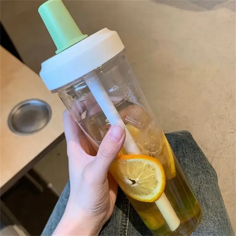 500/850ml Plastic Portable Bubble Tea Cups Transparent Water Bottle Juice Milk Mocha Coffee Drink Cup Sports Water Cup Straw Cup