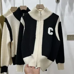 Autumn Winter Fashion Y2k Letter Jacquard Short Style Knitted Cardigan Women Vintage Loose Zipper Turtleneck Thick Sweaters