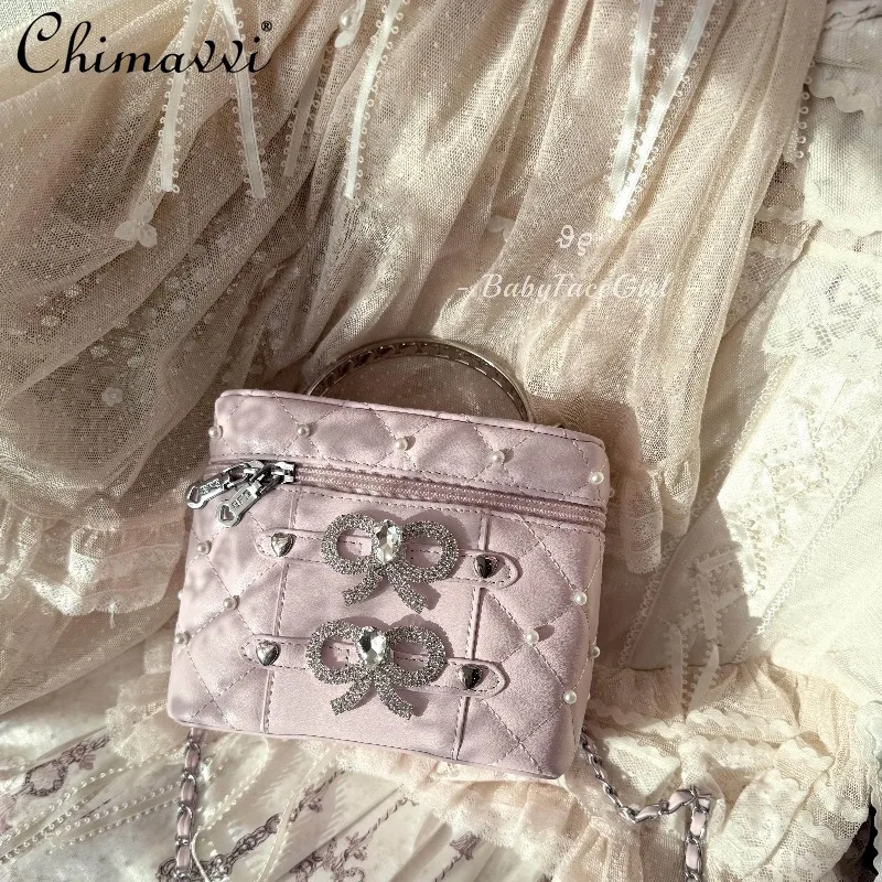 

Original Japanese Sweet Bow Rhinestone Pearl Handbag Mass-Produced Heart Zipper Plaid Crossbody Bag Lolita Girl Handbags