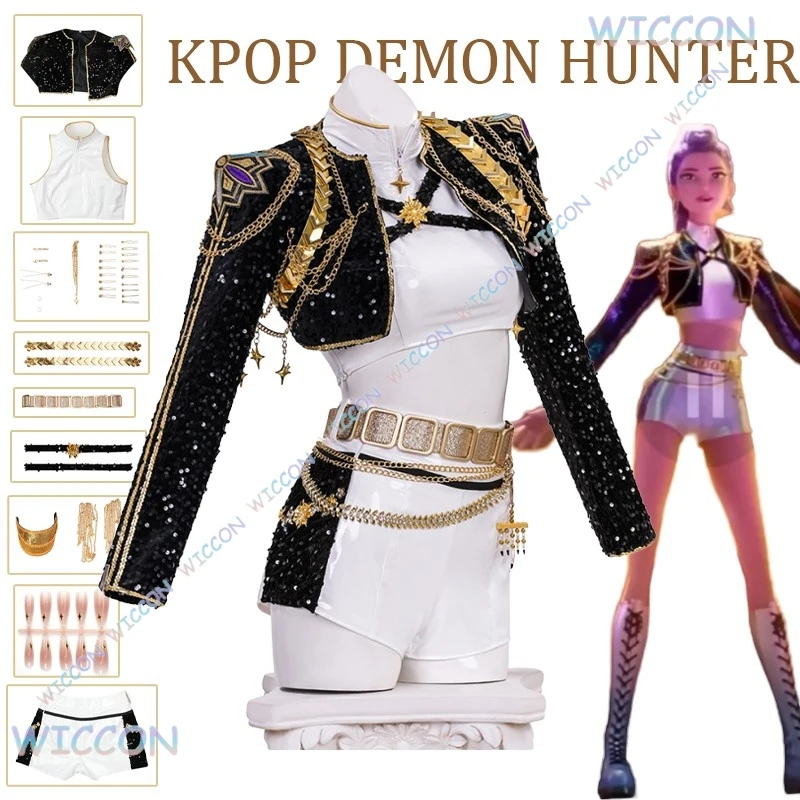 

Высокое качество Kpop Demon Cos Hunter Rumi Косплей Полный комплект парика Обувь Черный костюм для выступлений Женский Хэллоуин Ролевая игра