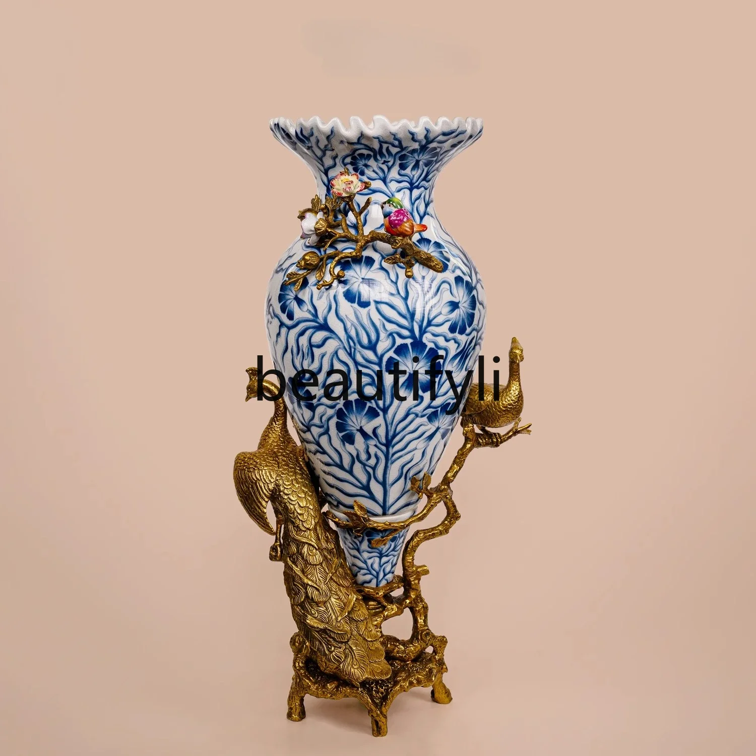 

X New Copper and Ceramic Vintage Soft Decoration Blue and White Porcelain Vase Stand Living Room Entrance Ornament