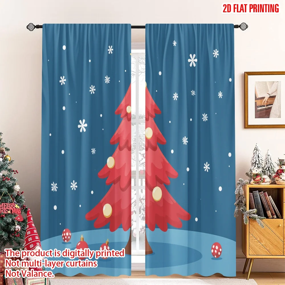 

2pcs 2D flat printing Merry Christmas Drapes Red Christmas Tree Baubles Polyester Without Electricity Festive Curtains Use for