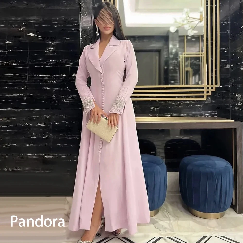 Pandora Customized Pink Arab women's formal evening dress V-neck long sleeve ankle-length button A-line slit wedding party gown