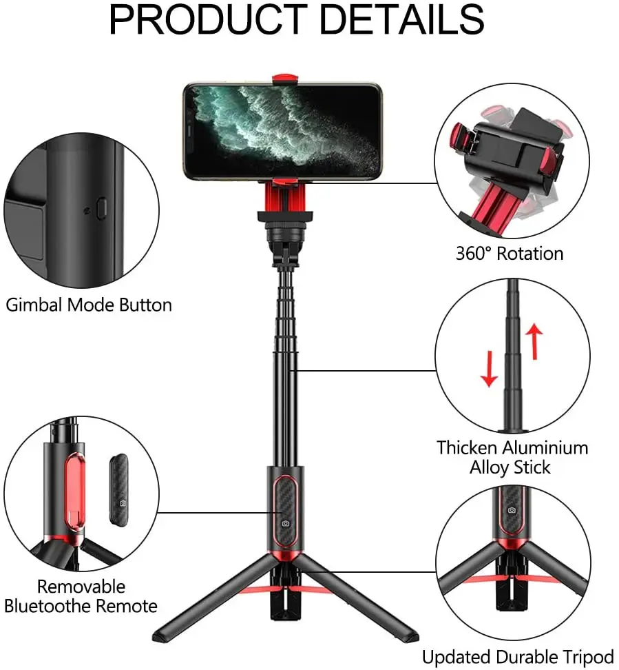 Portable Stabilizer Selfie Stick Tripod 360 Degree Rotation With Bluetooth Selfie Remote Control For iPhone Android Extendable