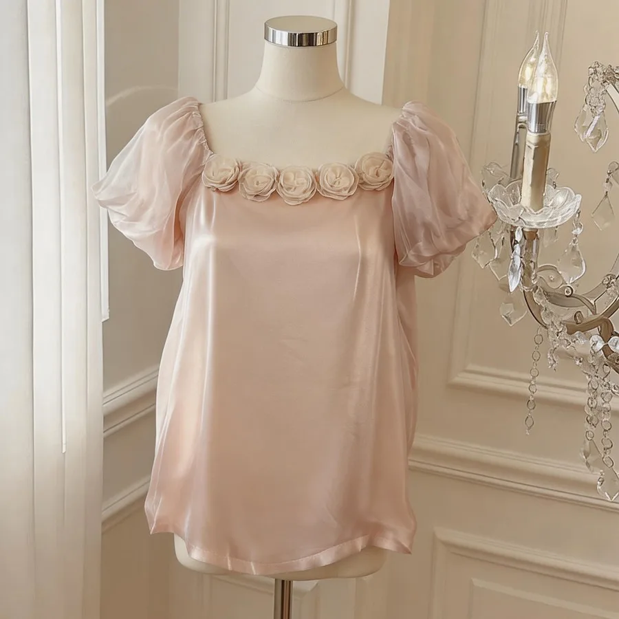 

Chic Fairy Doll Shirt Women's Summer 2026 One Shoulder Bubble Sleeve Chiffon Top Fashionable Loose Fit Short Sleeve Square Neck