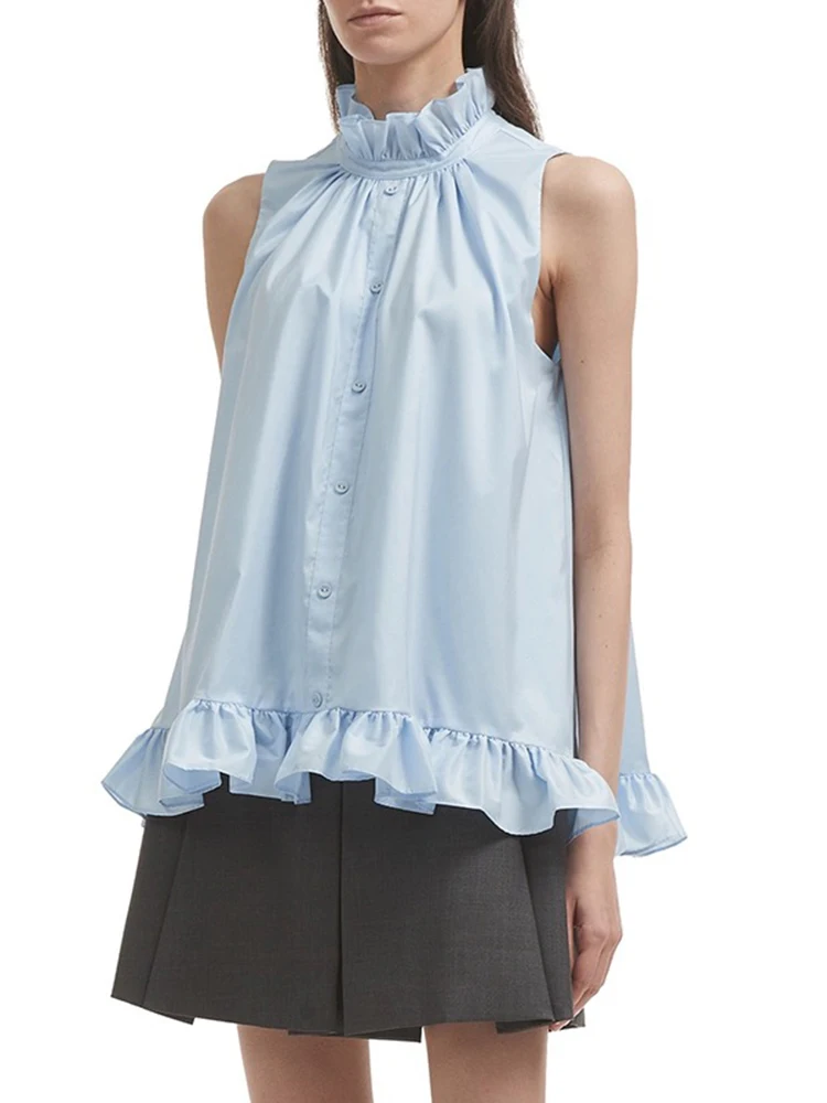 

Pleated Neckline Sleeveless Top y2k Temperament Elegant Simple Splicing Ruffle Blue Women's Top 2024 Summer New