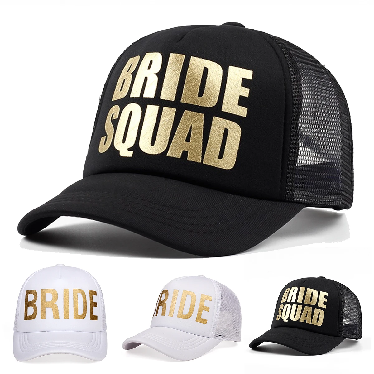 Unisex BRIDE SQUAD Letter Print Baseball Net Caps Spring and Summer Outdoor Adjustable Casual Hats Sunscreen Hat