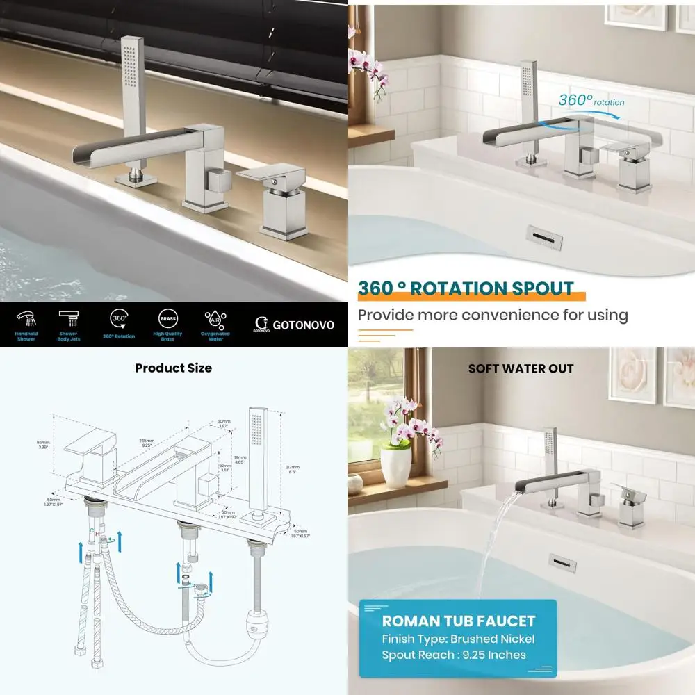 

360° Swivel Long Spout Widespread 3-Hole Deck-Mounted Bathtub Faucet Set with Hand Shower, Brushed Nickel Finish, Includes Rough