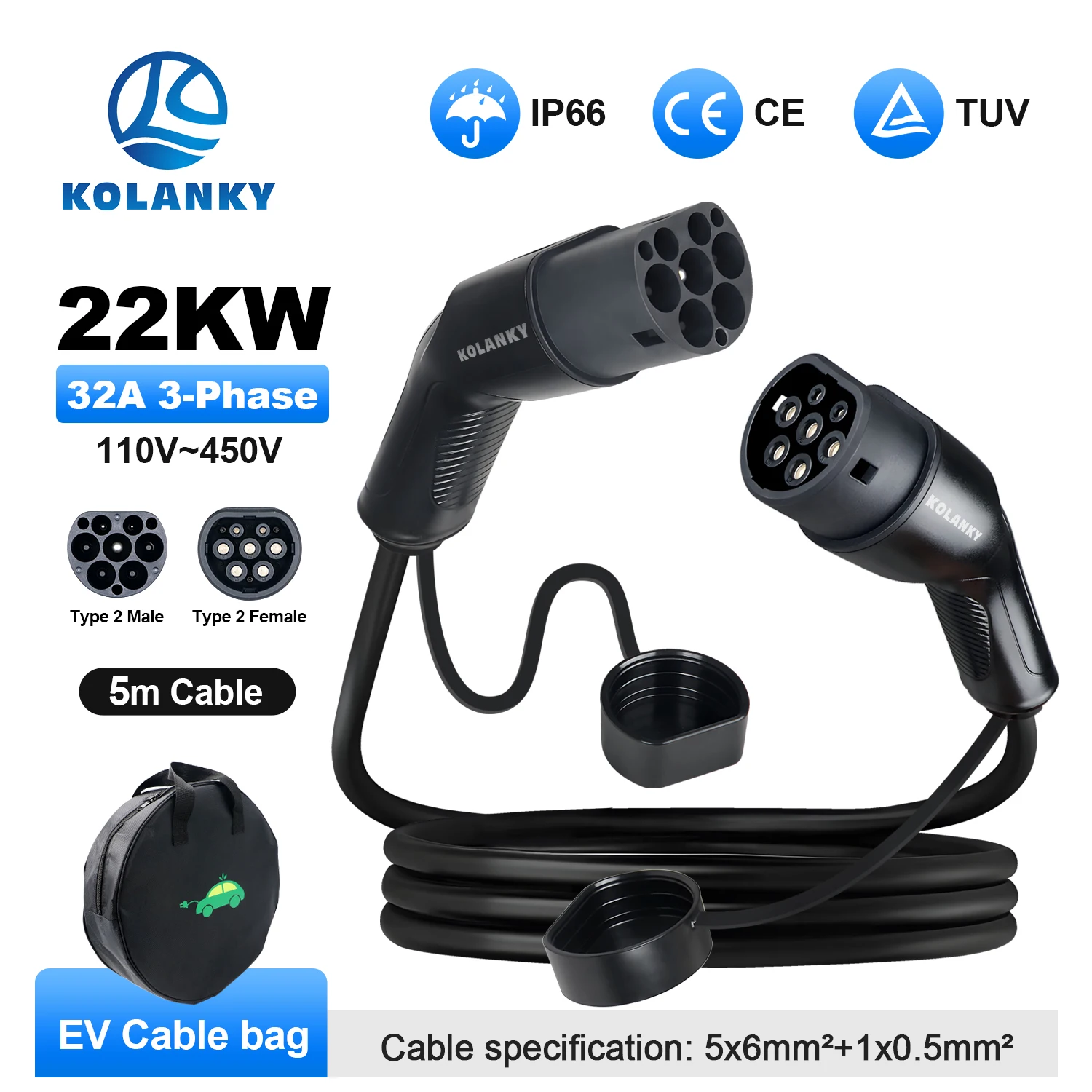 Kolanky Type2 à Type2 Ev câble de charge 3 phases 32A prise femelle à mâle 5M câble 22kw IEC62196-2 EVES Stations de charge publiques